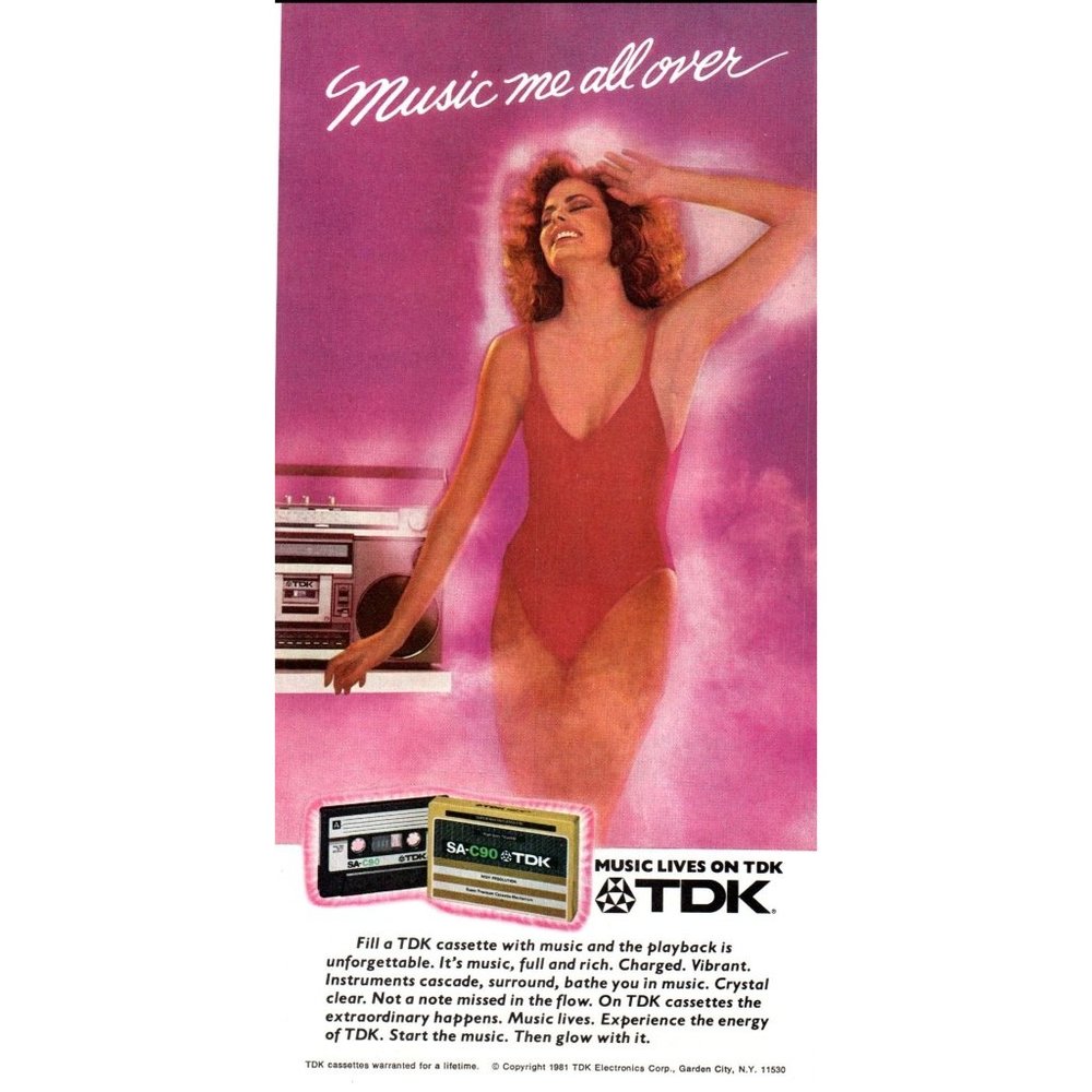 1981 TDK Cassette Tape SA-C90 Vintage Print Ad Red Swim Suit 80s Hair Wall Art